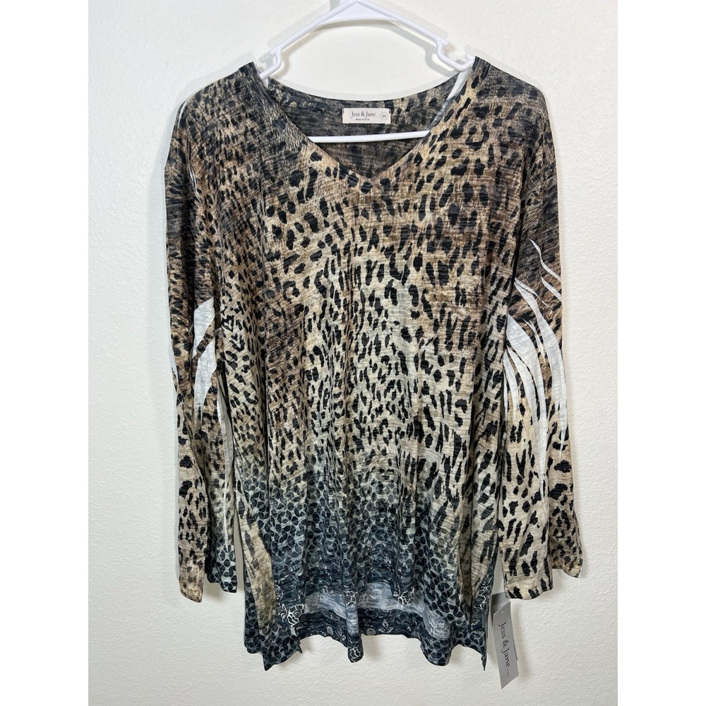 Jess And Jane 1X Leopard Blue Floral Tunic Burnout Long Sleeve Artsy